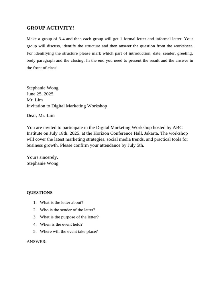 Group Activity Worksheet Formal Workshop Invitation | PDF