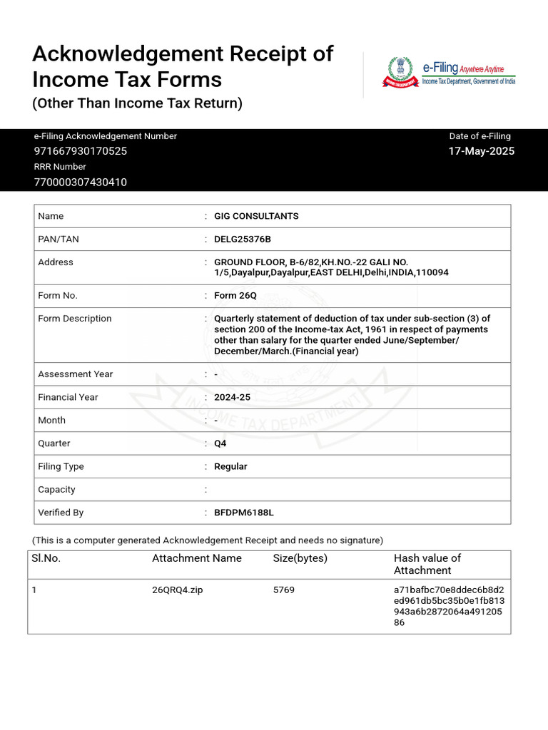 Form 26Q - ARN - 770000307430410 | PDF