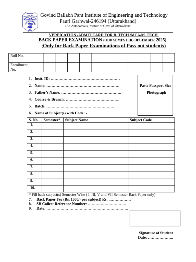 Back Paper Examination FORM (Pass Out Students Only) | PDF