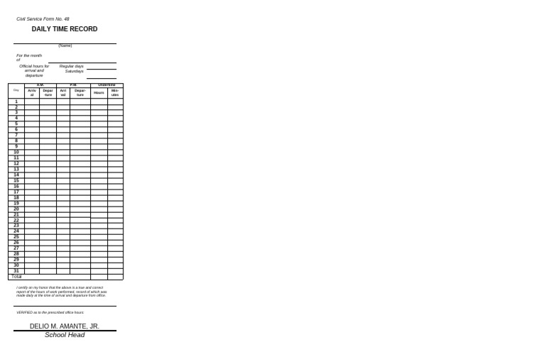 CSC Form 48 Daily Time Record (DTR) | PDF
