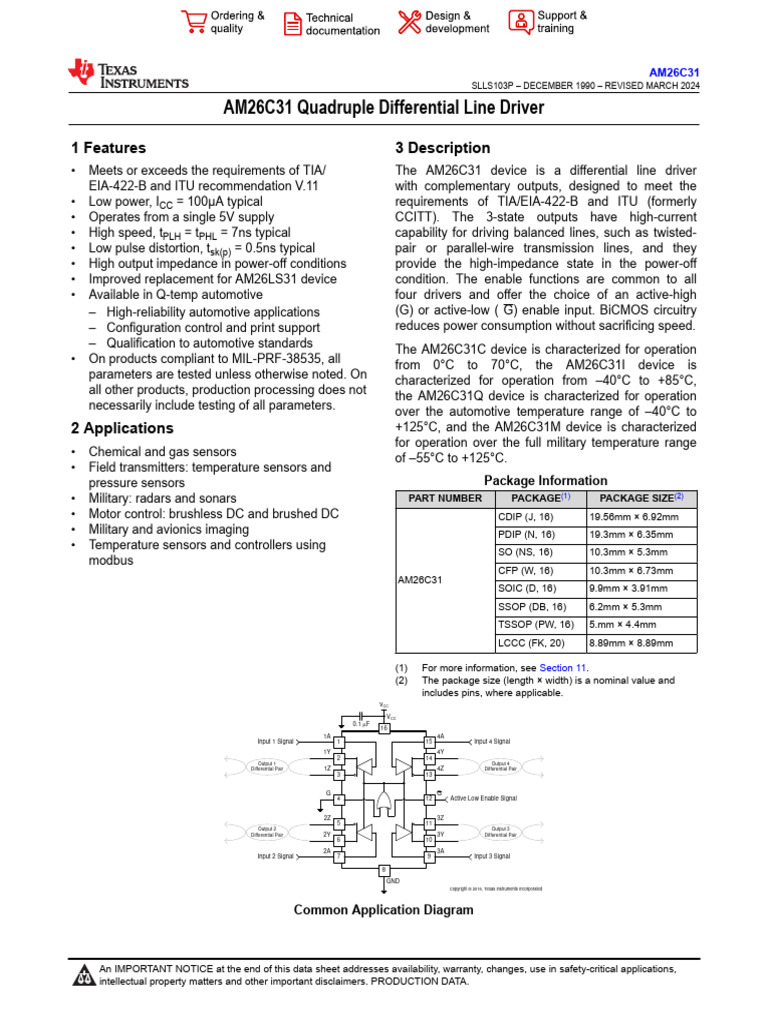 Texas Instrument Quadruple Differential Line Driver Am26c31 | PDF ...