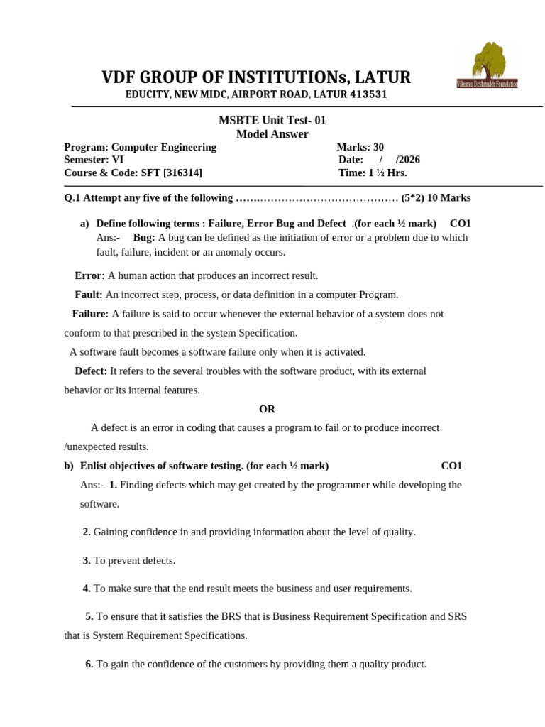 SFT TEST1 Model Answer | PDF | Software Testing | Software Release Life ...