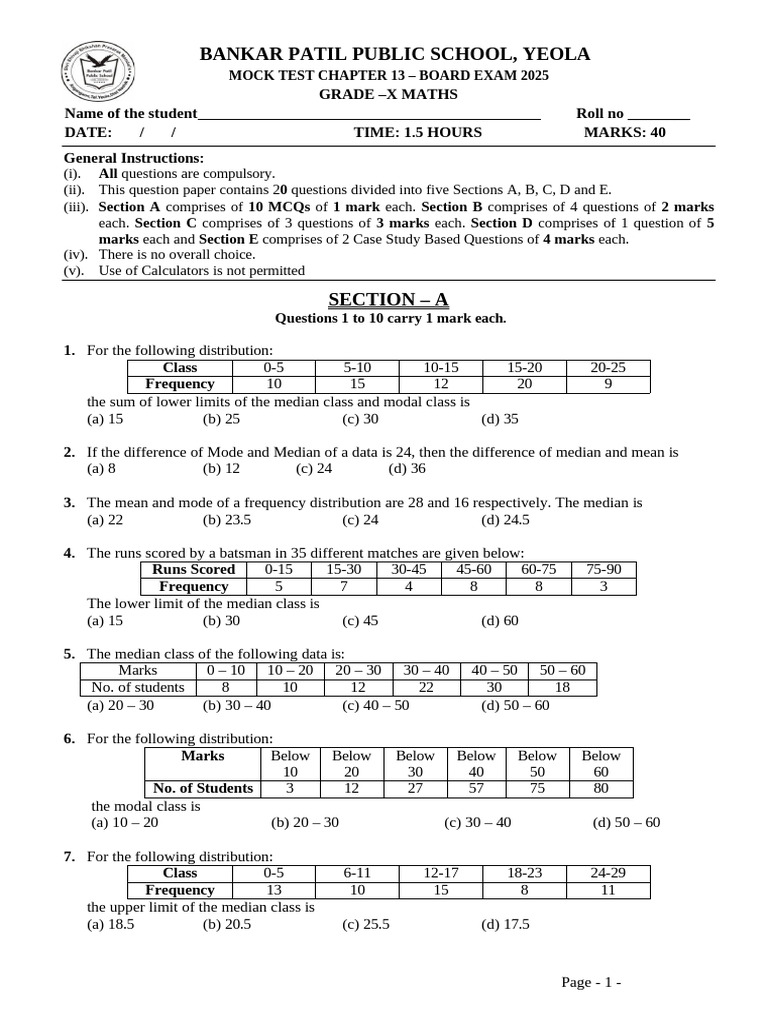 Maths Class X Chapter 13 Statistics Practice Paper 12 | PDF | Mean | Median