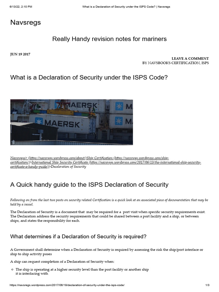 What Is A Declaration of Security Under The ISPS Code | PDF | Shipping ...