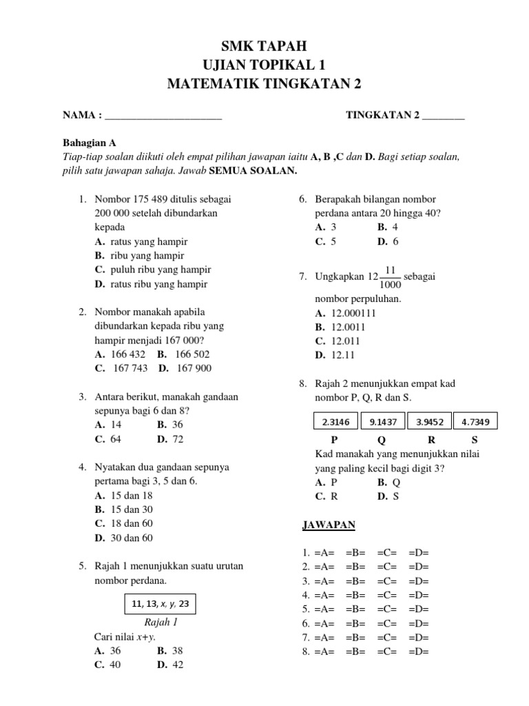 ujian matematik tingkatan 1