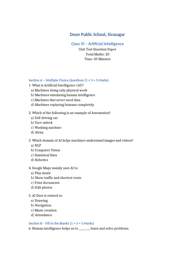 Class VI AI Question Paper | PDF