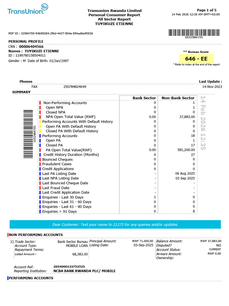 Transunion Report Tuyikuze Etienne | PDF | Banks | Arrears