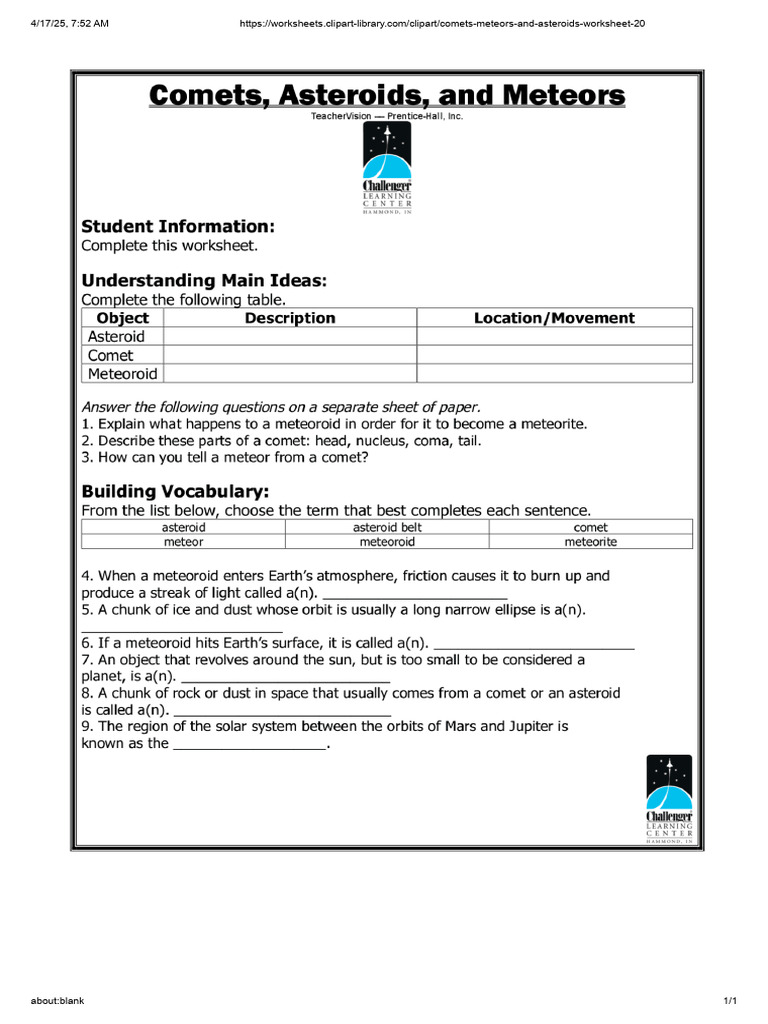 Comet Asteroid Meteoroid Worksheet | PDF