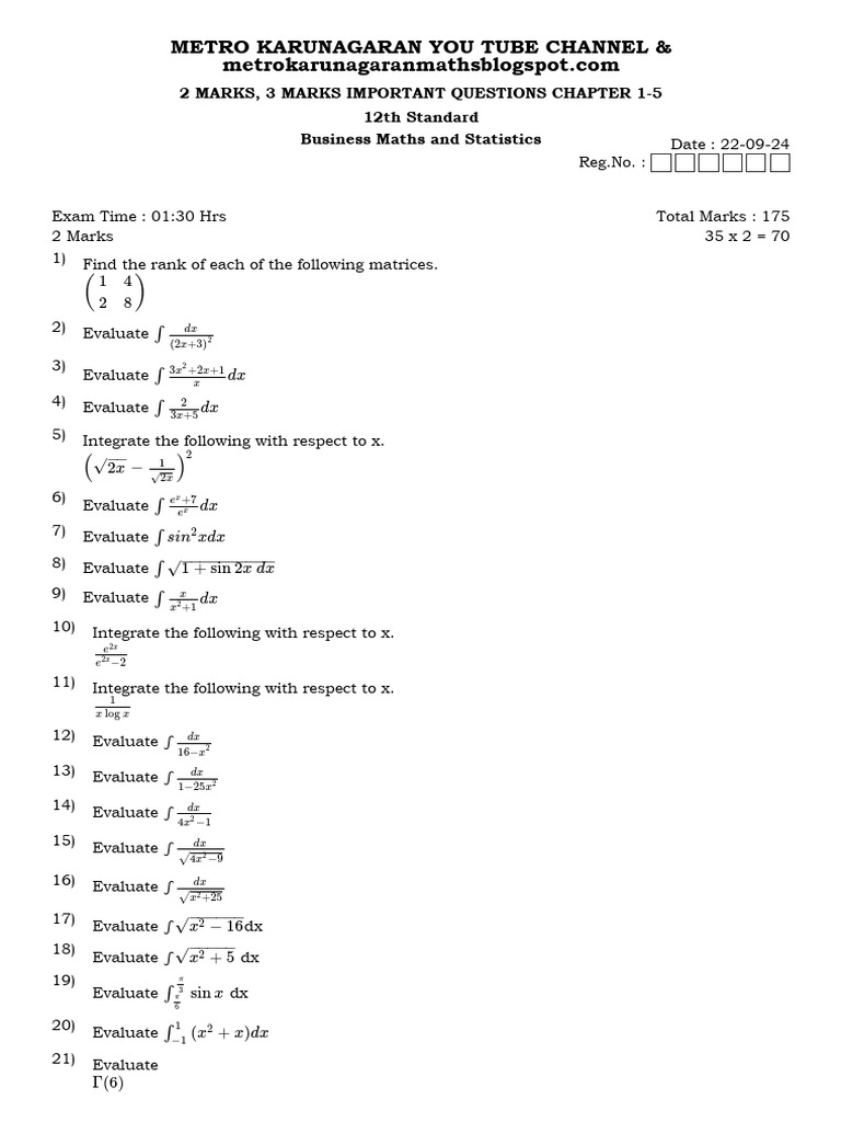 12 BM Top 2 Marks, 3 Marks | PDF | Applied Mathematics | Mathematics