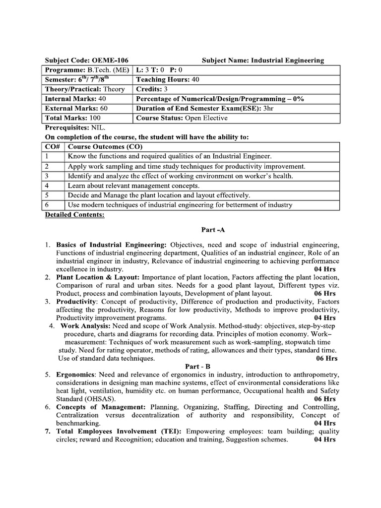 Industrial Engineering Syllabus | PDF