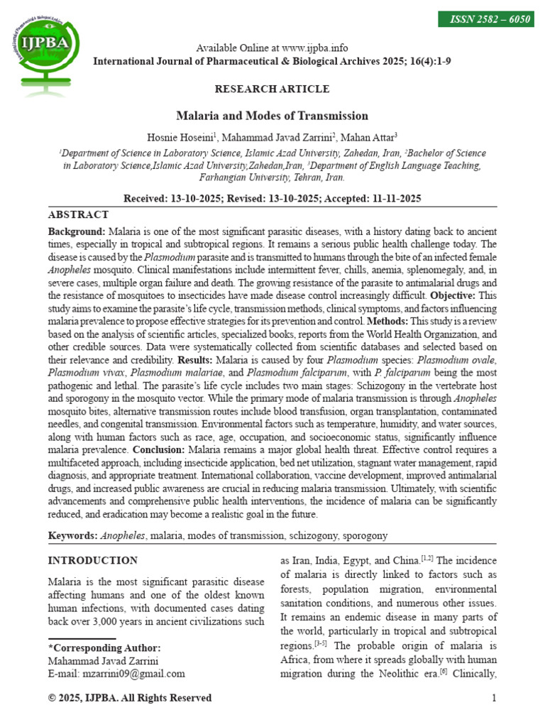 Malaria and Modes of Transmission | PDF | Malaria | Plasmodium Falciparum
