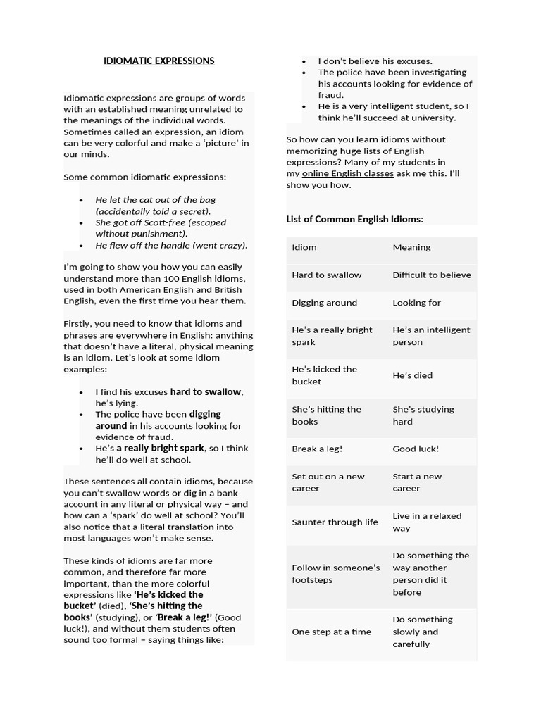 Idiomatic Expressions and Figurative Language Reviewer English 1 | PDF ...
