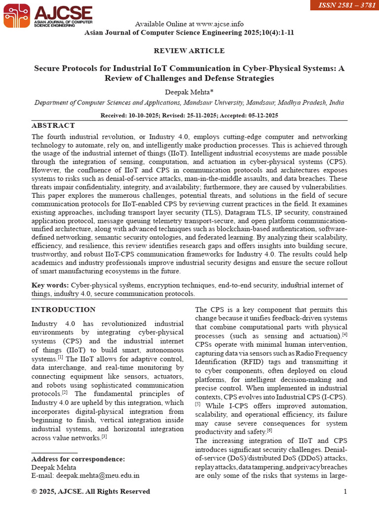 Secure Protocols For Industrial IoT Communication in Cyber-Physical ...