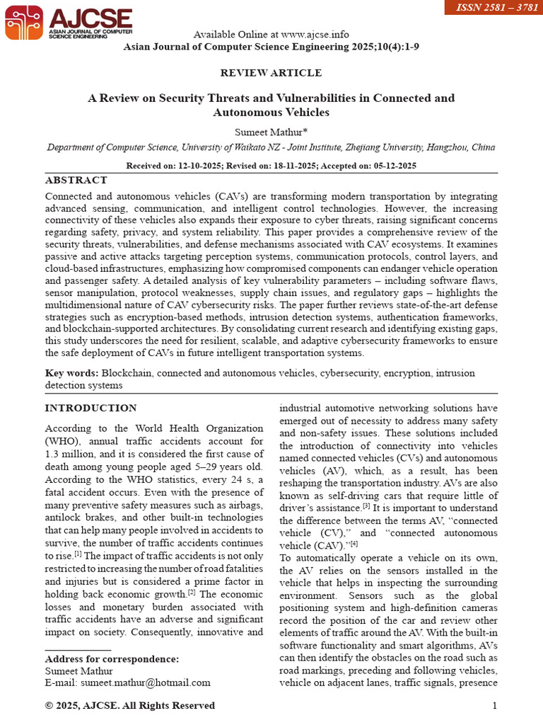 A Review On Security Threats and Vulnerabilities in Connected and ...