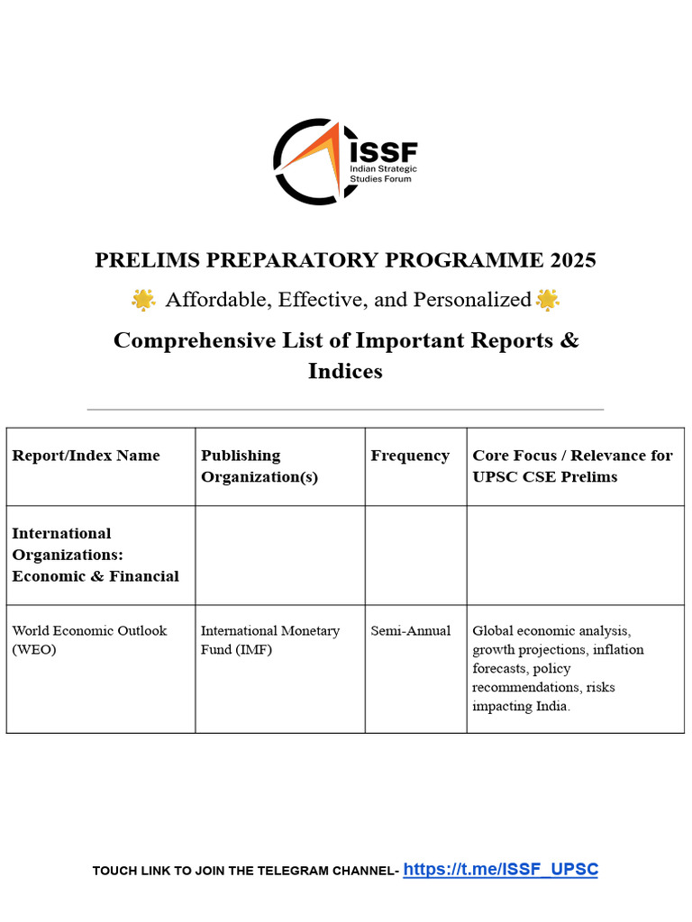 Comprehensive List of Important Reports & Indices | PDF | Hunger ...