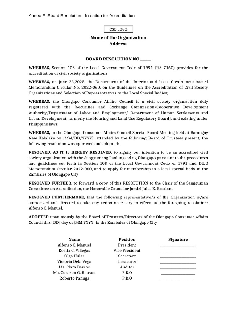 Annex E CSO Board Resolution (Ehcehc Etuc) | PDF | Governance | Philippines