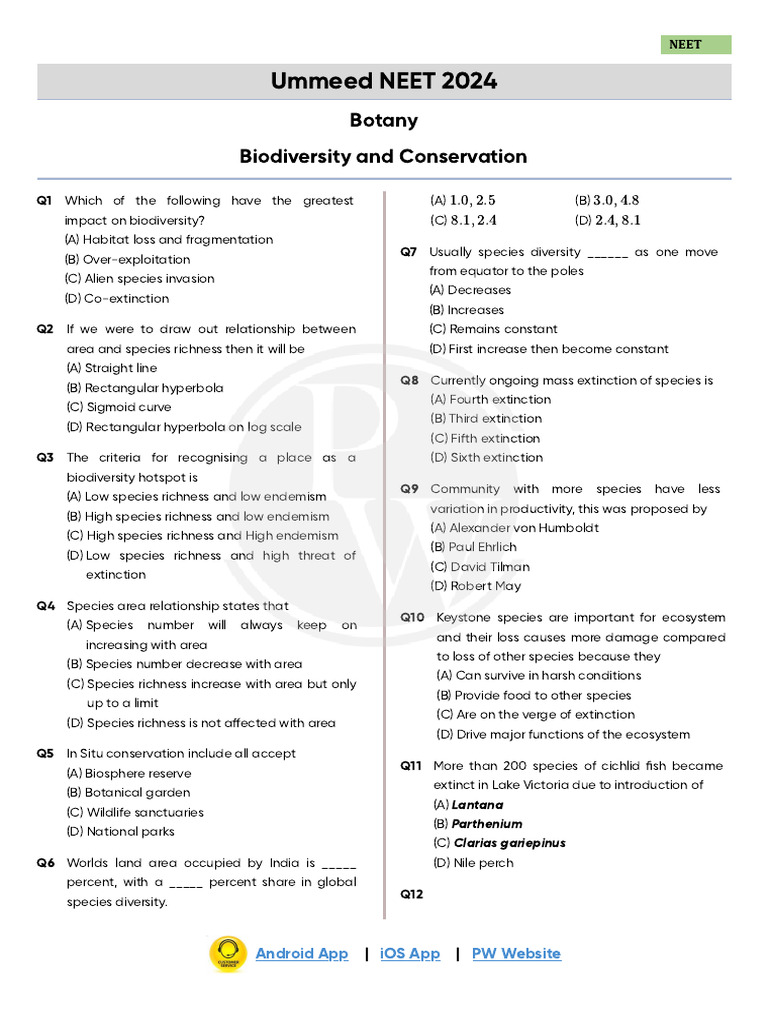Biodiversity and Conservation Practice Sheet Ummeed NEET 2024 | PDF ...