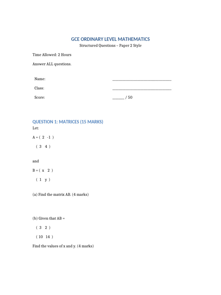 Form 5 GCE Mathematics Paper 2 Bracket Format | PDF