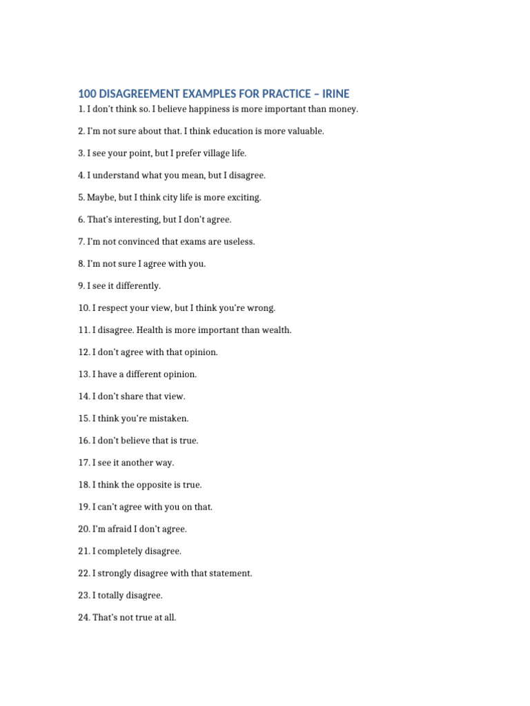 100 Disagreement Examples Irine-4 | PDF | Argument | Happiness