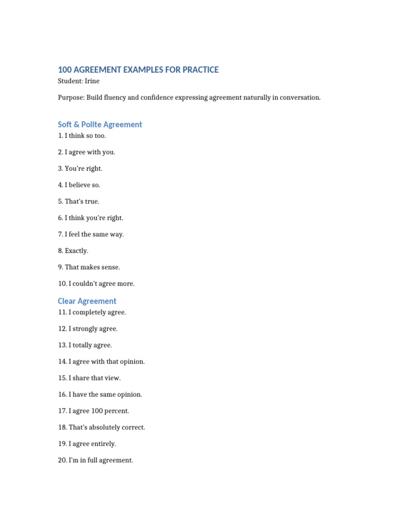 100 Agreement Examples Irine | PDF | Argument