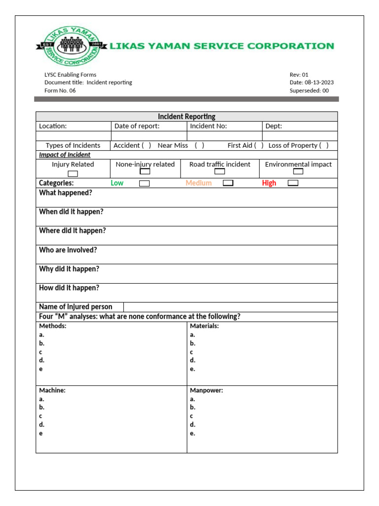 FORM-06 (Incident Reporting) Templates | PDF | Safety | Occupational ...