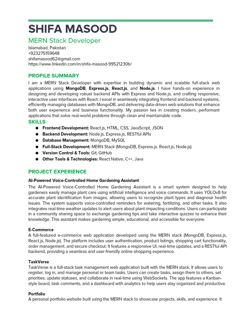 Shifa Masood - MERN Stack Developer | PDF | Web Application | Computing
