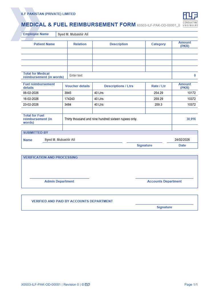 Medical & Fuel Reimbursement Form - Mubashir Ali | PDF