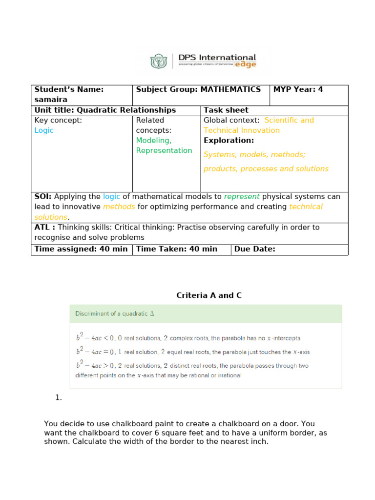 Tasksheet1 Quadratic Formula | PDF | Quadratic Equation | Mathematics