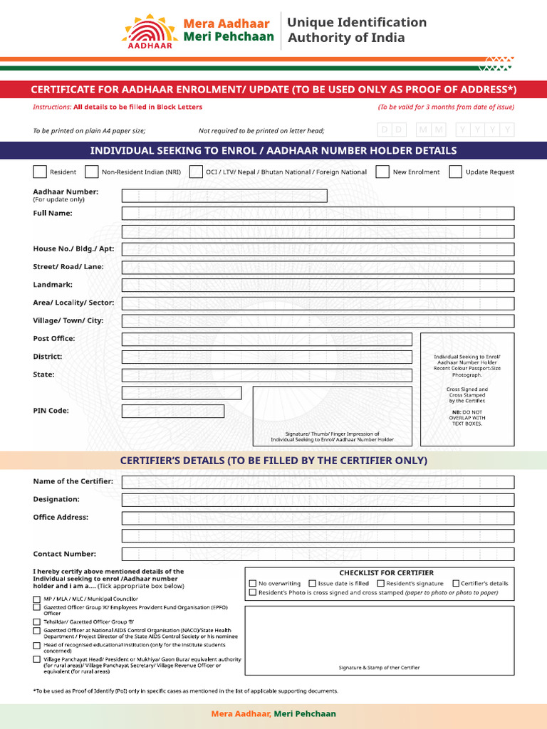 List of Supporting Document For Aadhaar Enrolment and Update | PDF