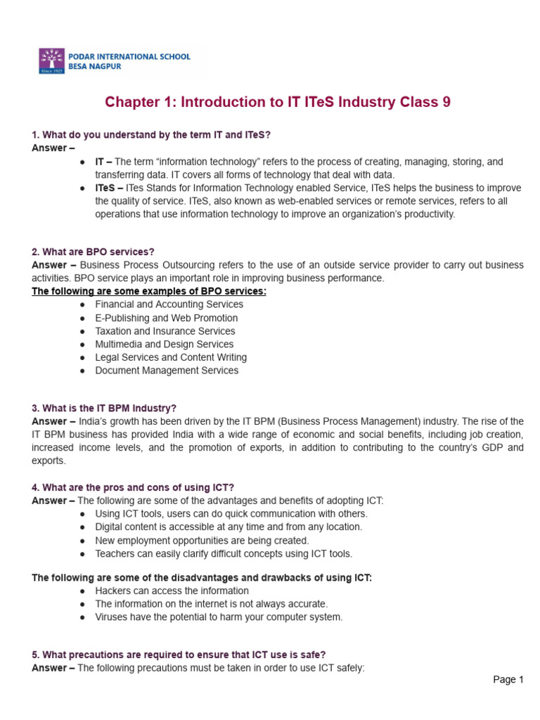 CH 1 Introduction of IT & ITeS | PDF | Electrocardiography ...