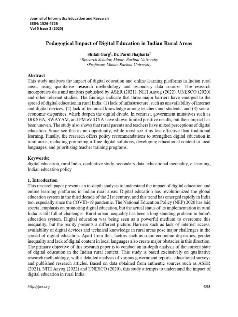 View of Pedagogical Impact of Digital Education in Indian Rural Areas | PDF
