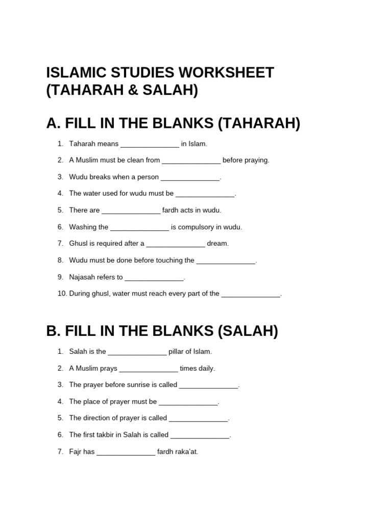 Islamic Studies Worksheet (Taharah & Salah) | PDF | Semitic Words And ...