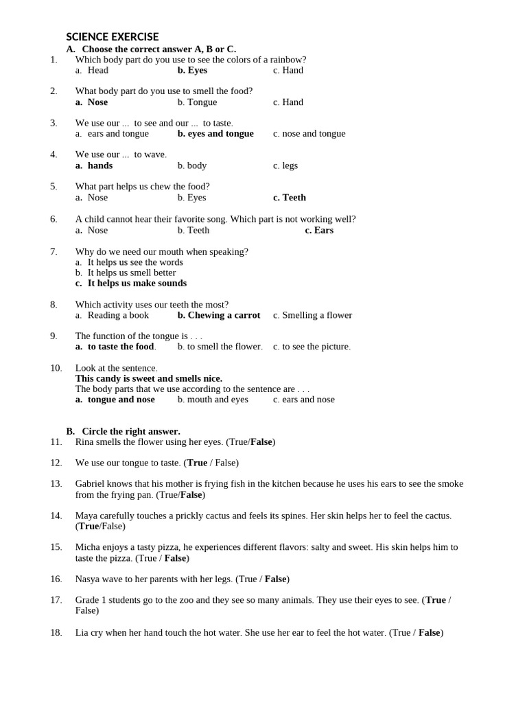 (18.38kb) Science Exercise Grade 1 | PDF
