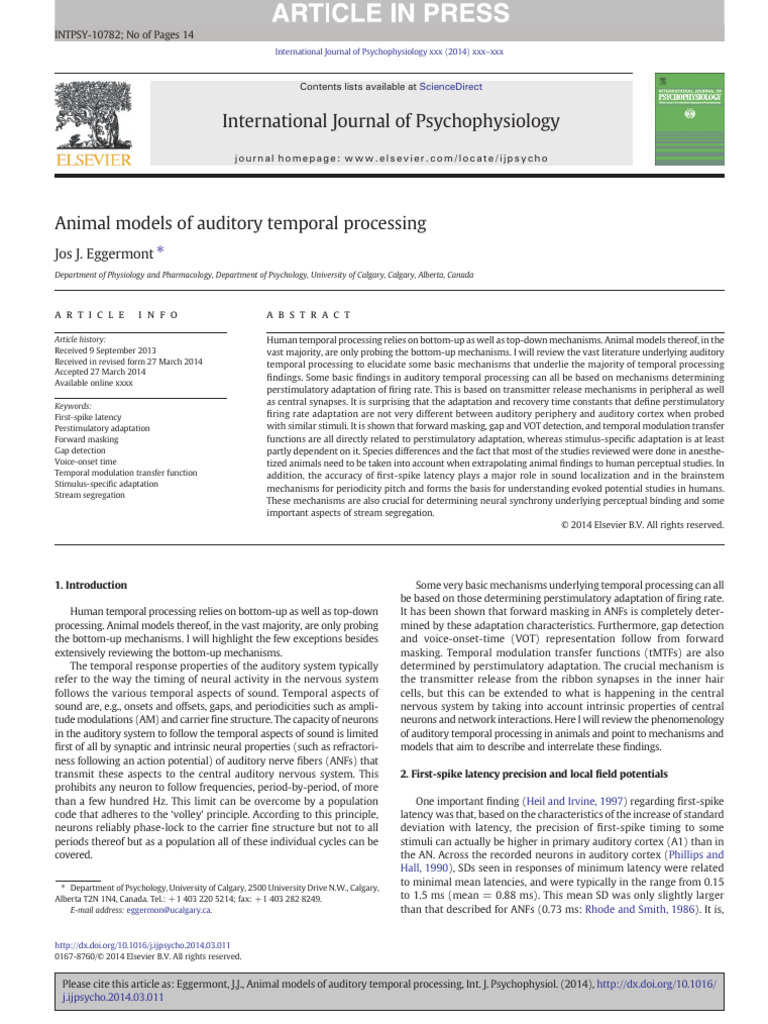 Animal Models of Auditory Temporal Processing | PDF | Nervous System ...