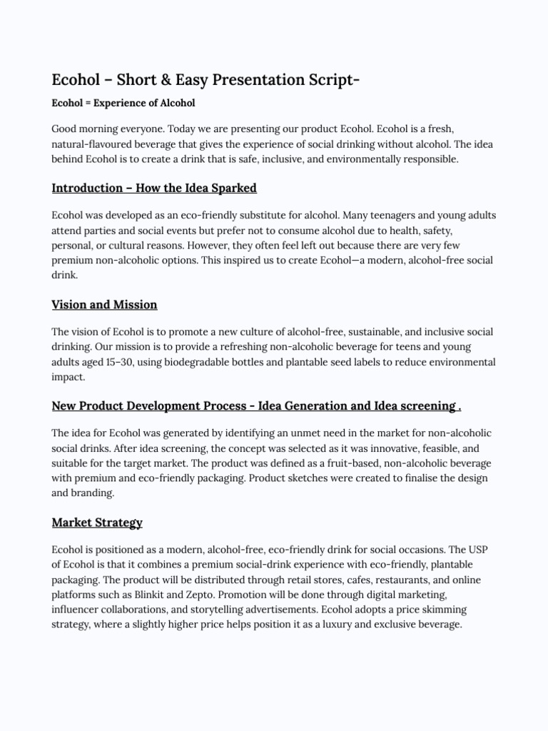 Business-Ecohol Presentation Script | PDF | Drink | Marketing