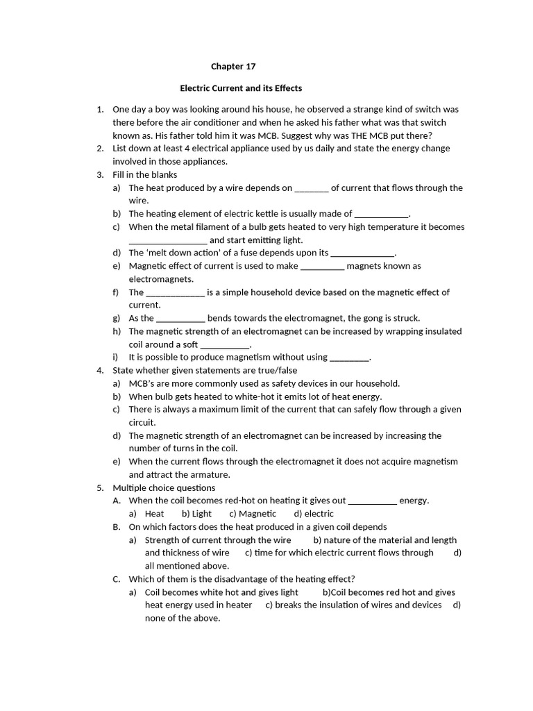 Class-7 Science Assignment Chapter - 17 | PDF | Electric Current ...