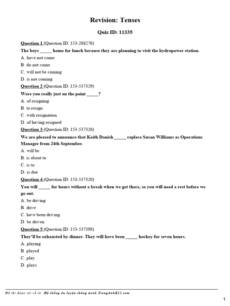 Quiz 11335 Revision-Tenses | PDF