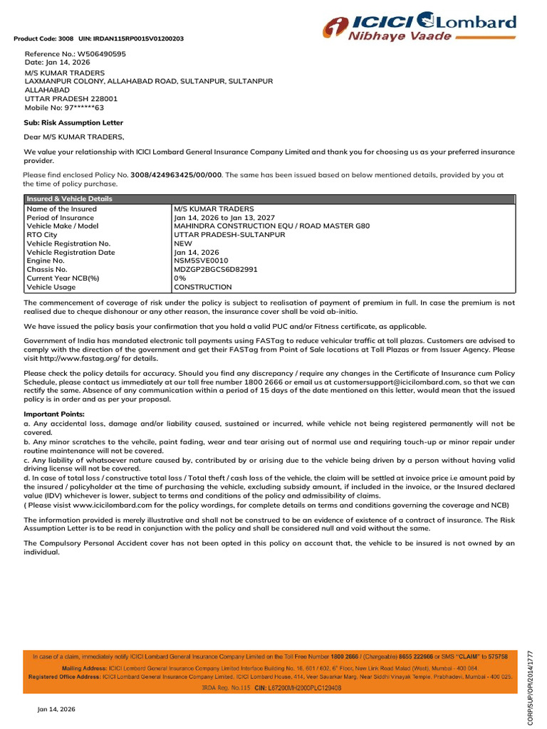 Sub: Risk Assumption Letter | PDF | Insurance | Business Law