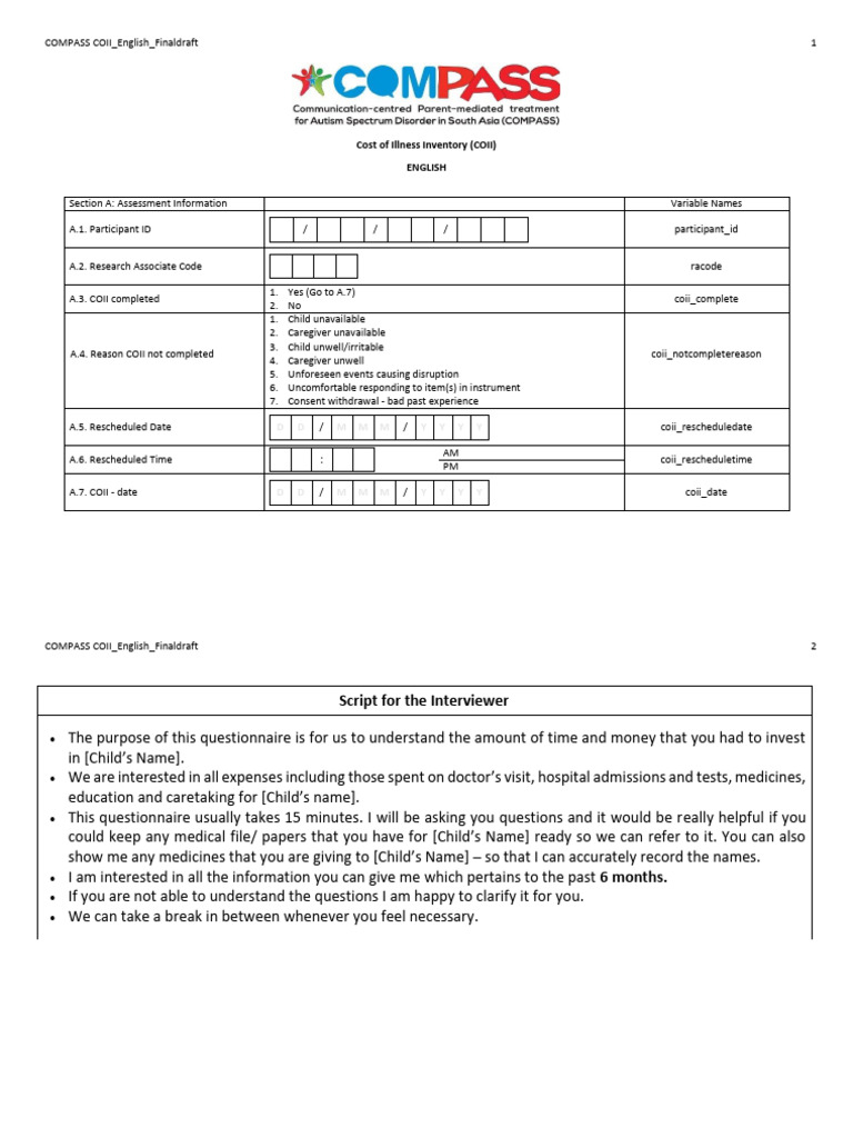 COII COMPASS Questionnaire | PDF | Child Care | Dose (Biochemistry)
