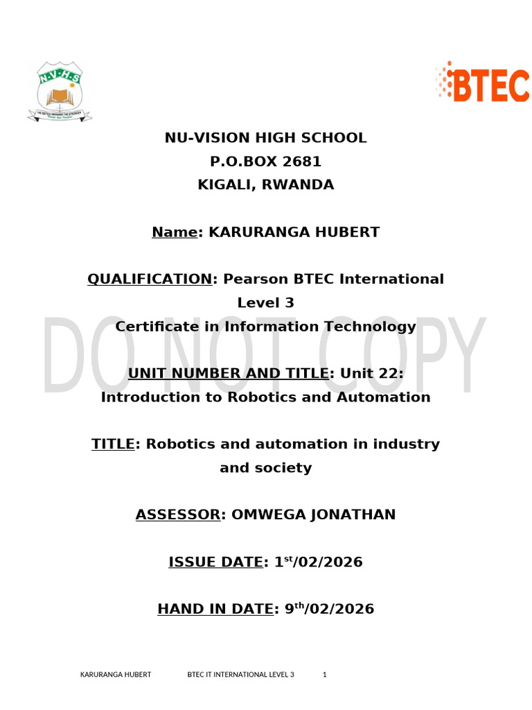 Robotics and Automation Assignment Unit 22 | PDF