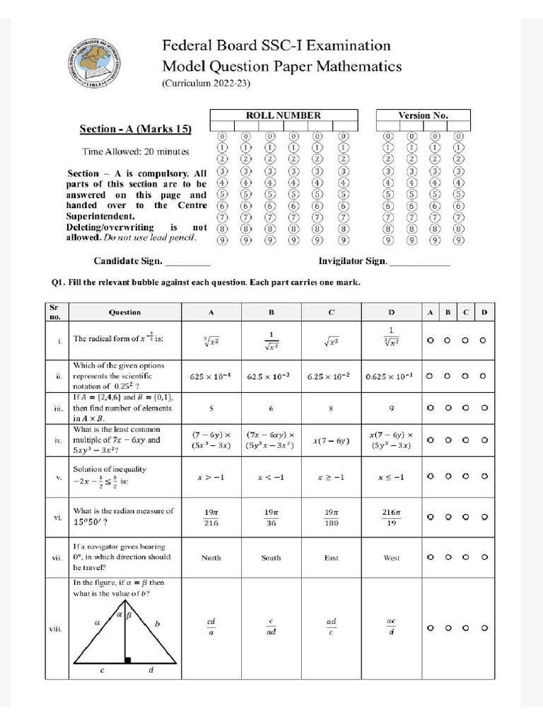 SSC-I Math's Model Paper | PDF