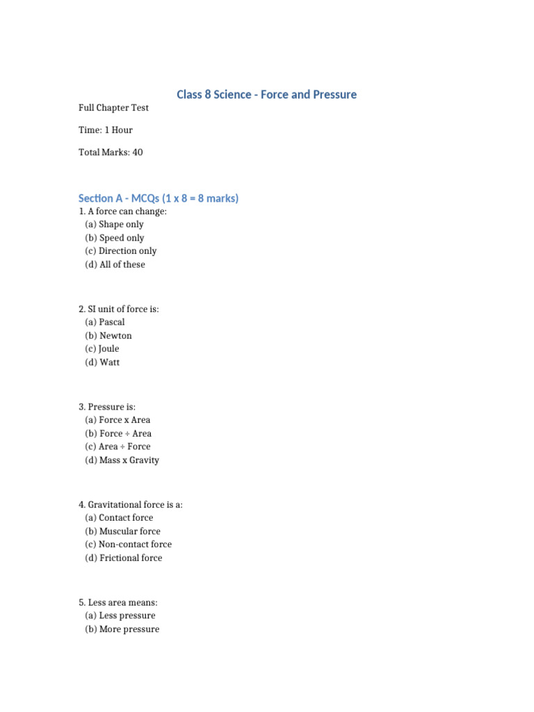 Class 8 Science Force and Pressure Test | PDF