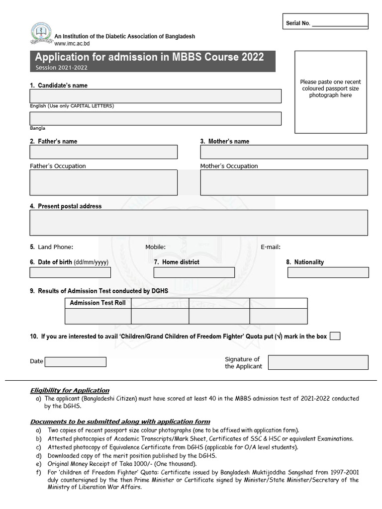 Form For General StudentMBBS IMC | PDF