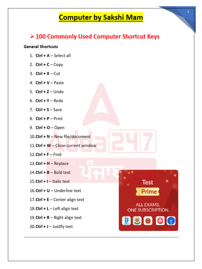 100 Short Cut Keys | PDF | Ibm Pc Compatibles | Operating System Families
