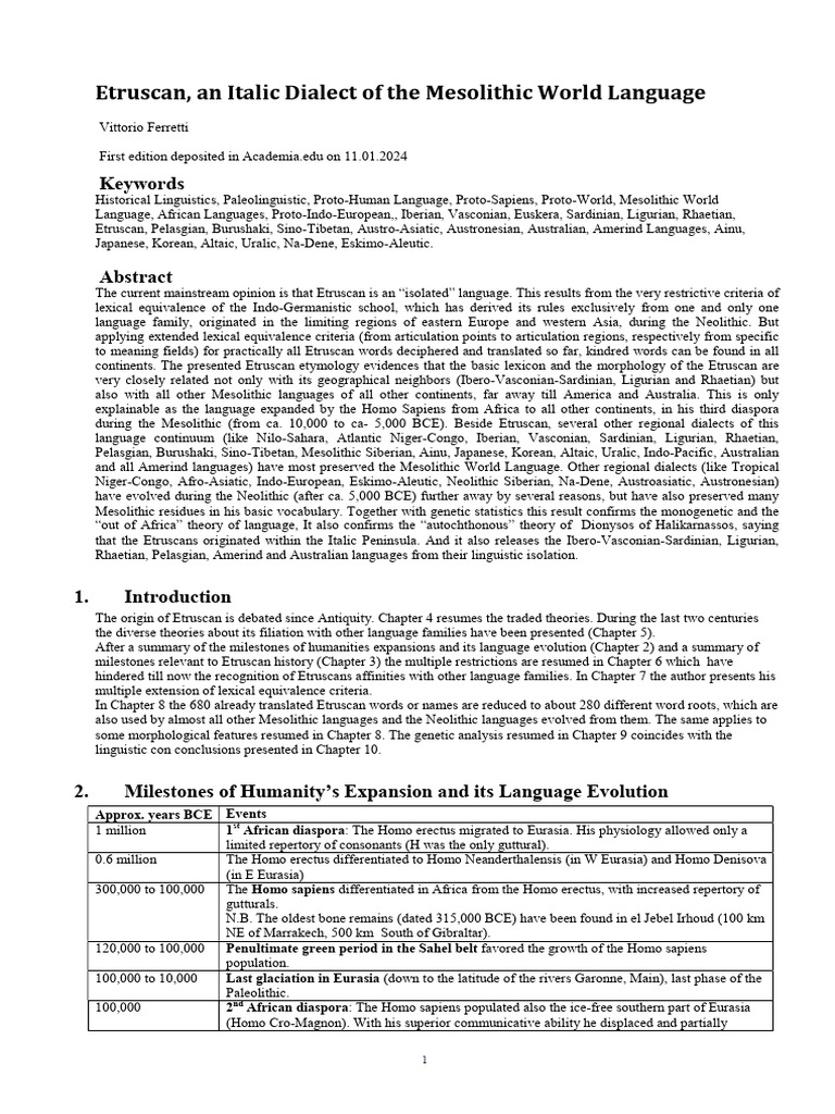 Etruscan, An Italic Dialect of The Mesolithic World Language | PDF ...