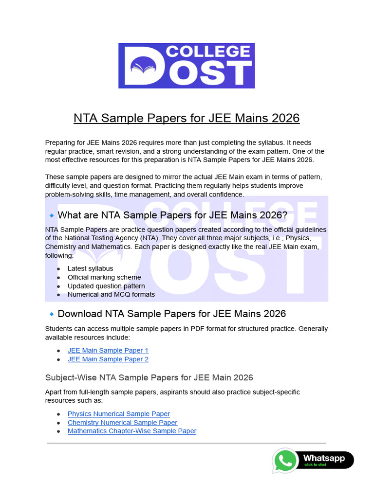 NTA Sample Papers For JEE Mains 2026 | PDF | Sampling (Statistics ...