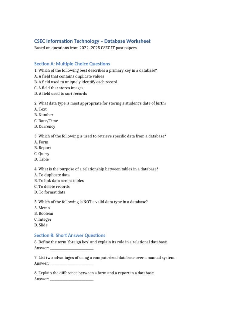 CSEC IT Database Worksheet | PDF | Databases | Data Type