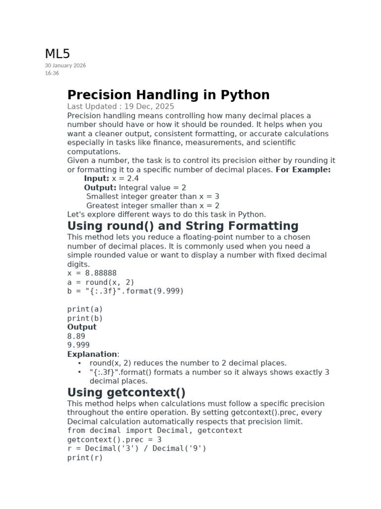 Precision Handling in Python: Using Round and String Formatting | PDF ...