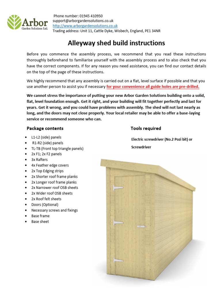 Alleyway Shed Assembly Instructions | PDF | Shed