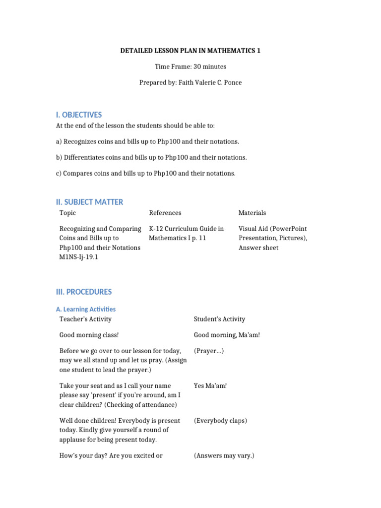 Detailed Lesson Plan Math1-3 | PDF
